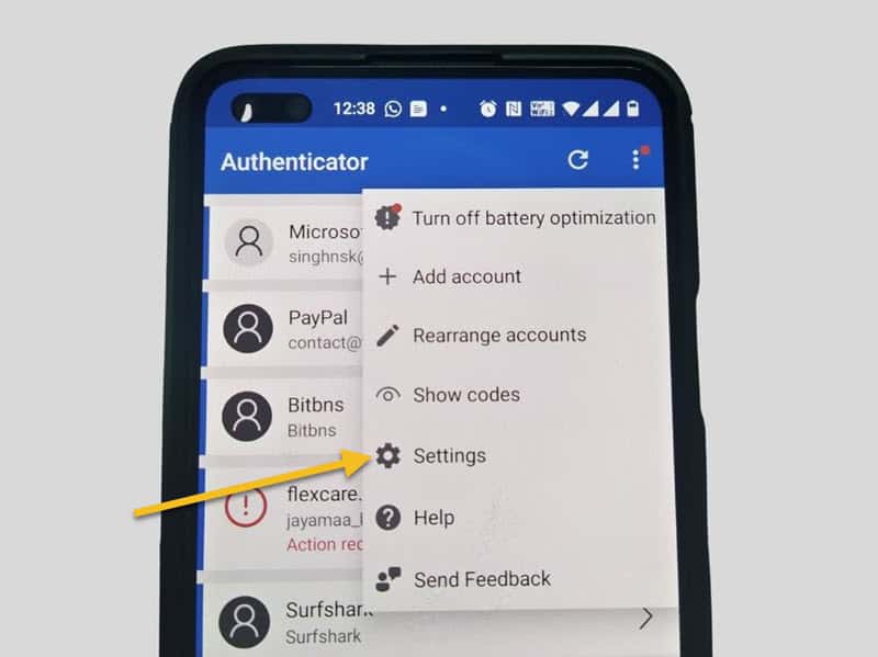 Microsoft Authenticator Options and settings