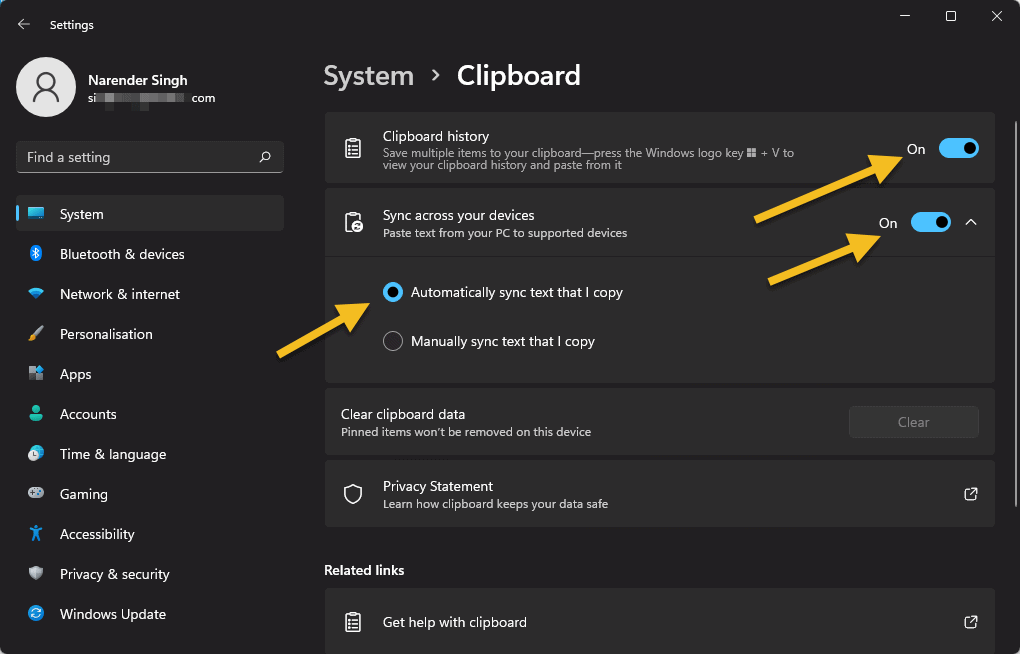 Windows 11 clipboard sync settings