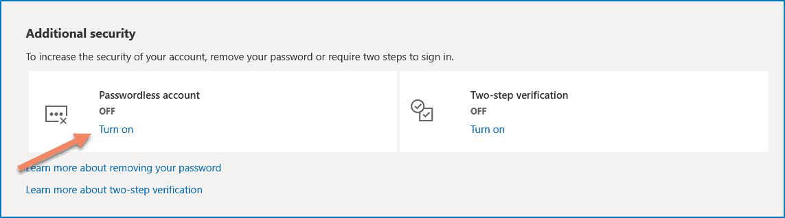 Passwordless Account - Additional security options of Microsoft account