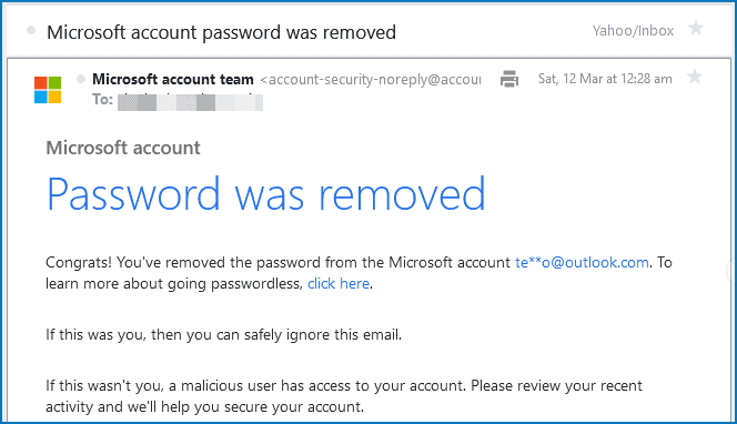 Password remove confirmation email from Microsoft accounts team
