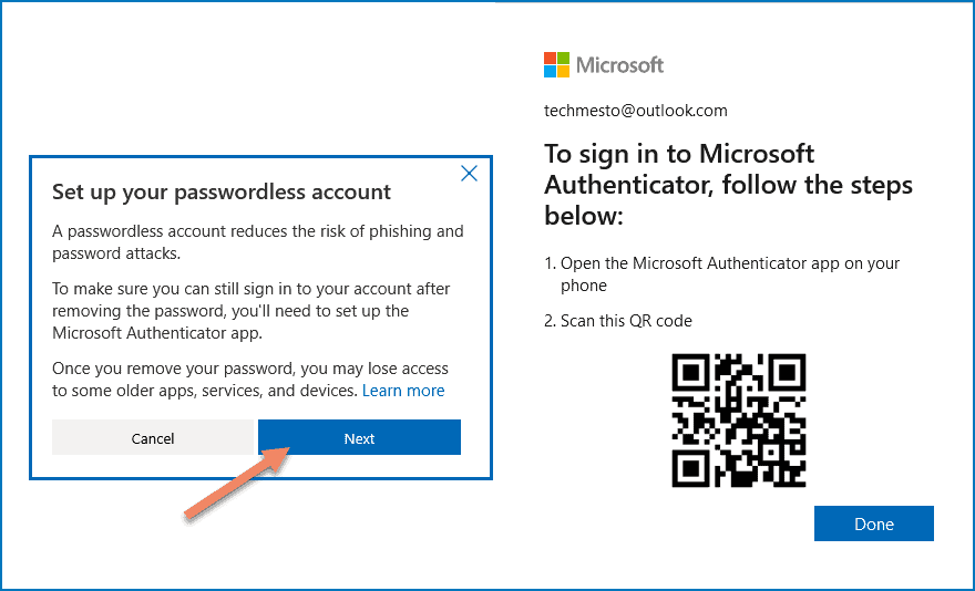 Set up passwordless account - Scan the QR code