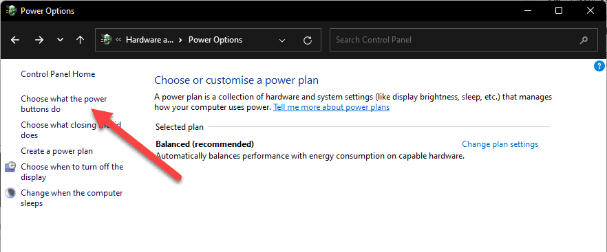 Choose what the power buttons do in WIndows 11 power options