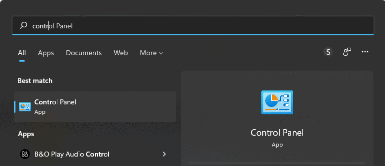 Search for Control Panel in Start Menu