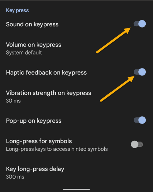 Typing sound and vibration preferences for gboard