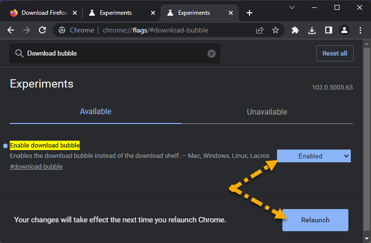 Change setting for "Enable download bubble" to Enable or Disable new design
