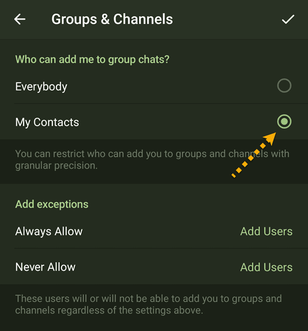 Telegram Settings about who can add you to groups