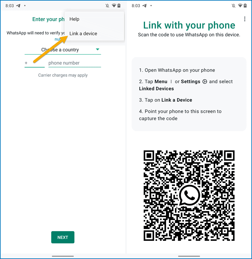 Link WhatsApp on Android to another phone