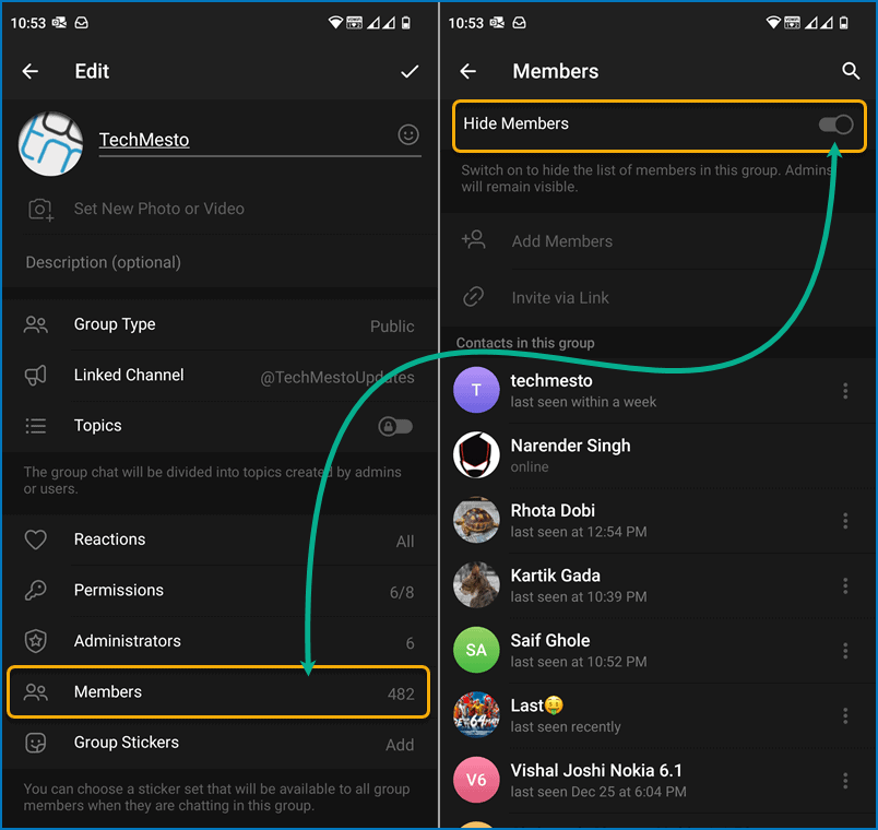 Enable "Hide Members" option in Telegram group members settings