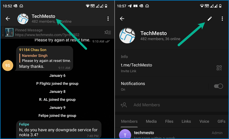 Open Telegram ggroup info and tap on Edit icon