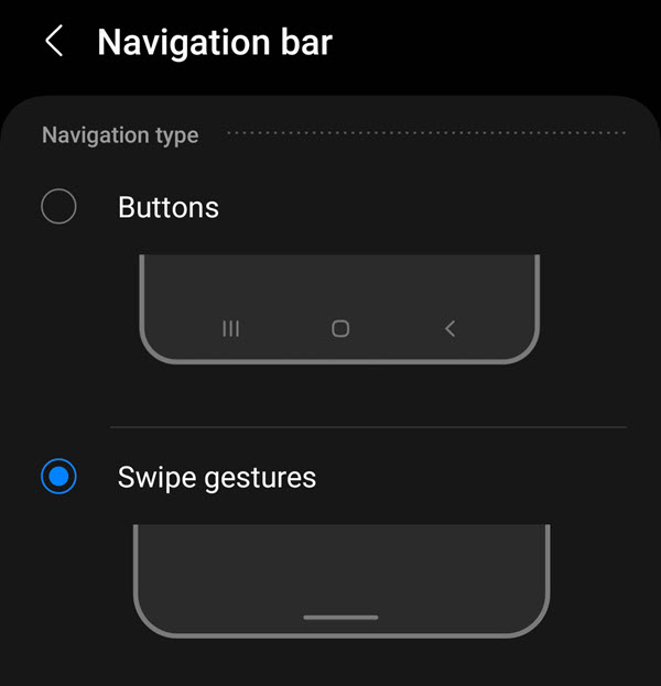 Navigation bar settings in Samsung's OneUI Operating System