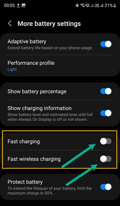 More Battery Settings on Samsung phones to disable fast charging