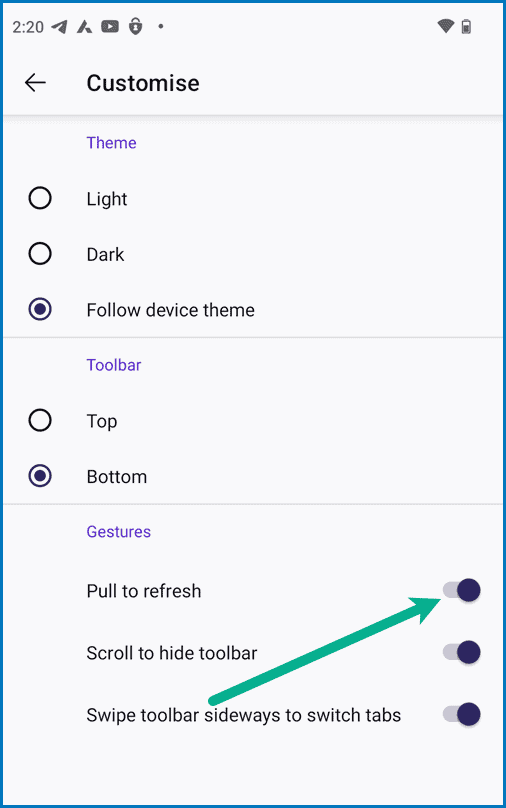 Disable "Pull to refresh" feature in Firefox's settings