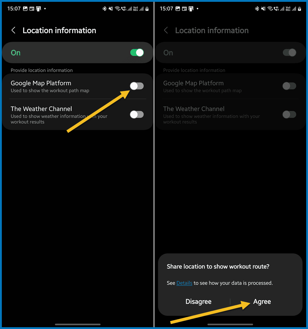Enable Location Information in Samsung Health app's settings