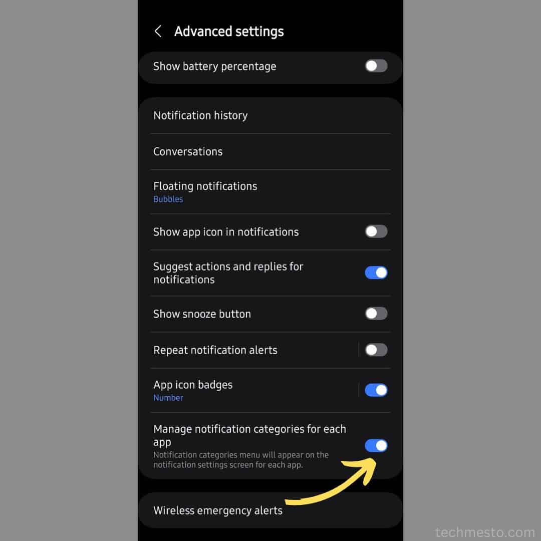 Enable "Manage Notification Categories for each app" on Samsung Galaxy OneUI 6.1