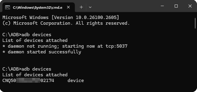 Windows command prompt window with output response of ADB Devices command