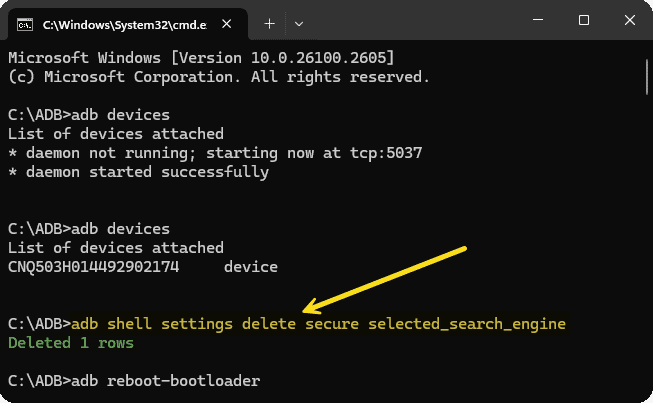 Windows command prompt window with output of adb command to reset the default search engine