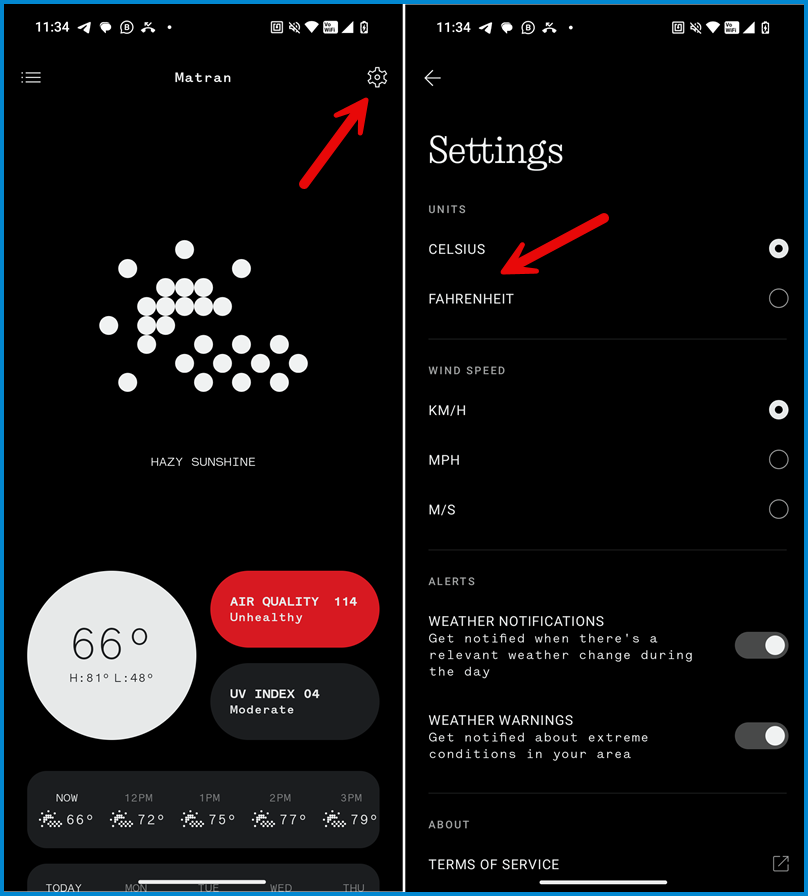 Change temperature unit between Celsius and Fahrenheit in Nothing weather app