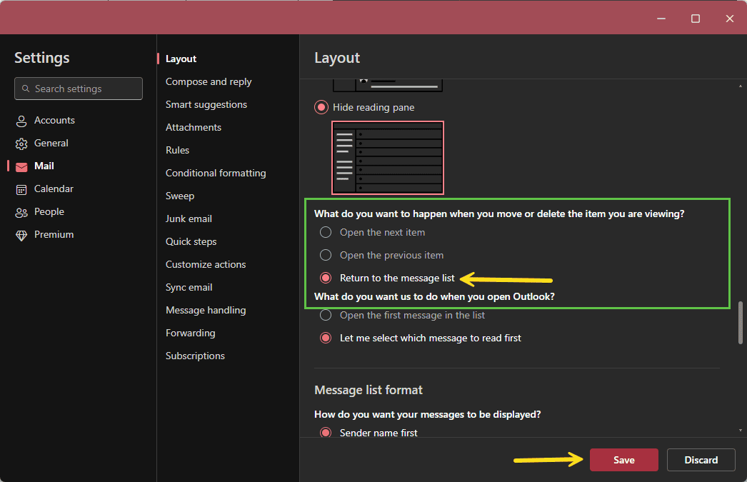 Modifying the layout settings in Outlook and then saving changes