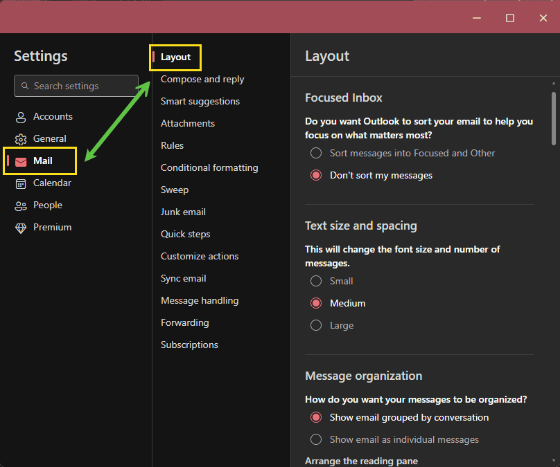 The email layout settings in Outlook.com and Outlook app for Windows