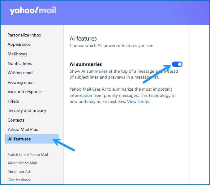 Open AI Features settings in Yahoo Mail 2025