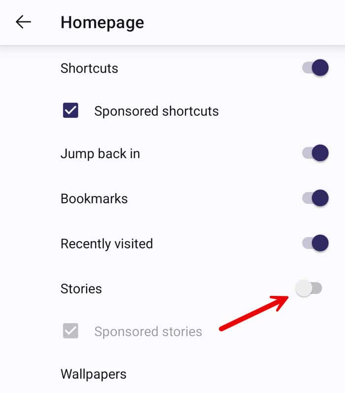Homepage settings on Firefox for Android